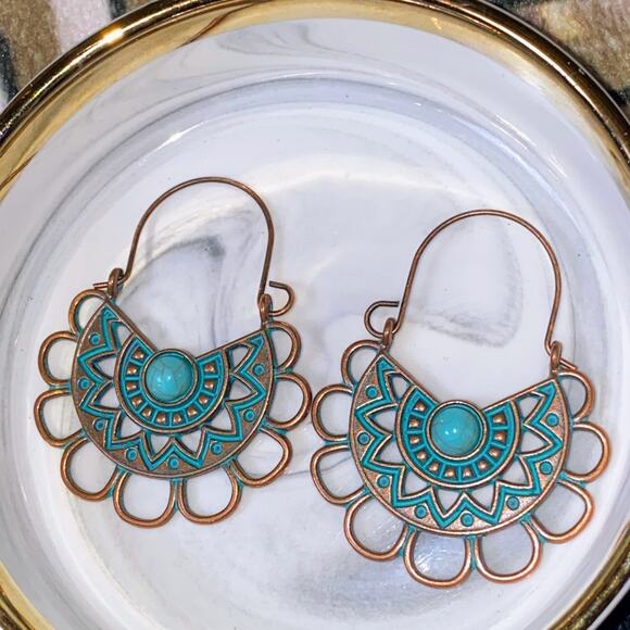 Bronze hoops Aztec Turquoise Patina‎ Earrings Boho New Rustic Tribal Ornate - Picture 1 of 1